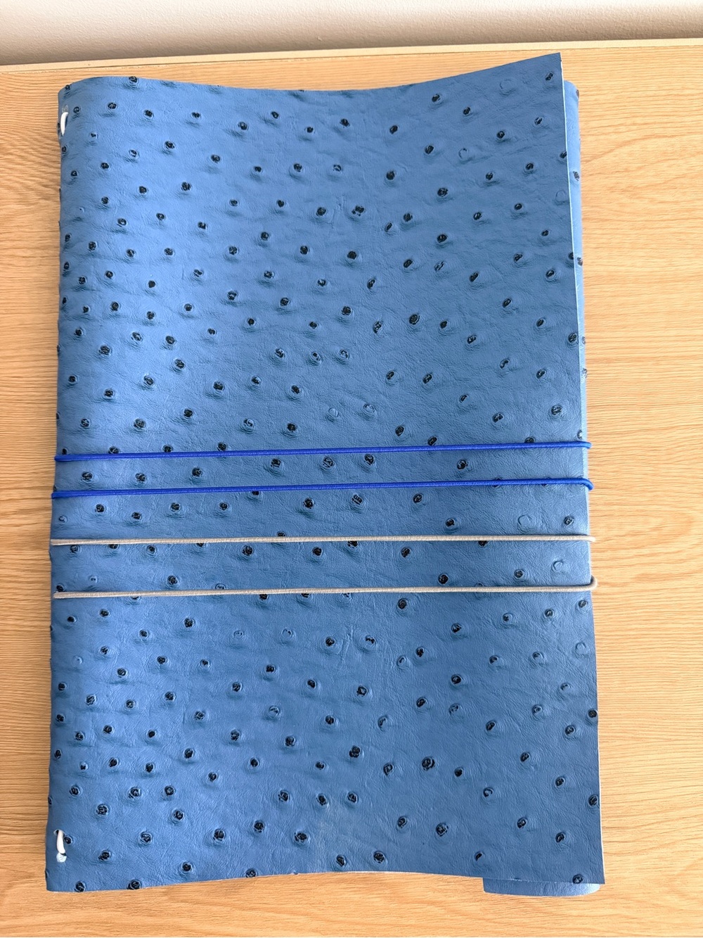 Blue Faux Ostrich Leather Notebook with Elastic Bands